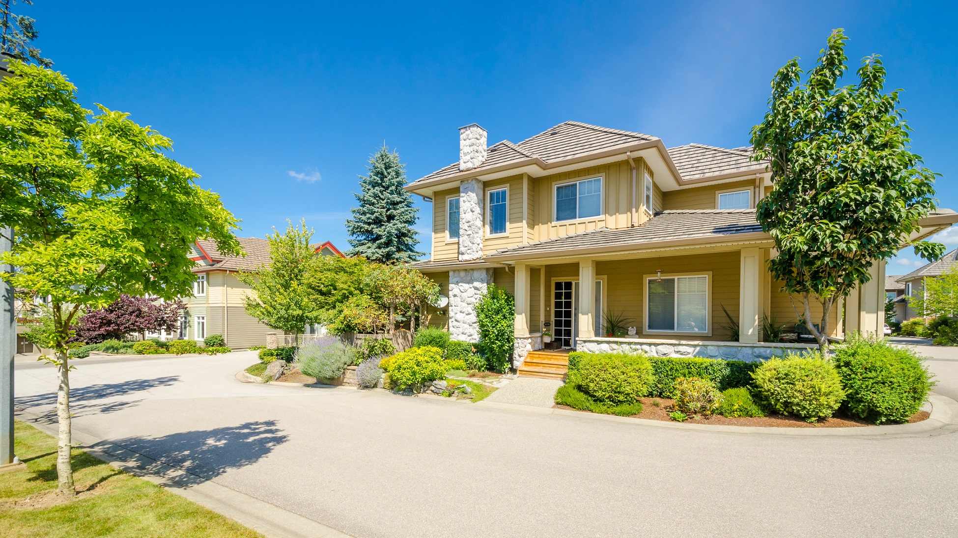 A perfect neighborhood. Houses in suburb at Spring in the north